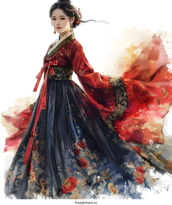 A digital painting of a woman in a red and blue hanbok
