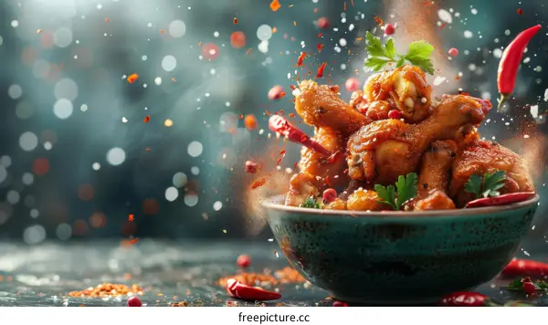 A bowl of delicious spicy chicken wings with parsley and chili peppers
