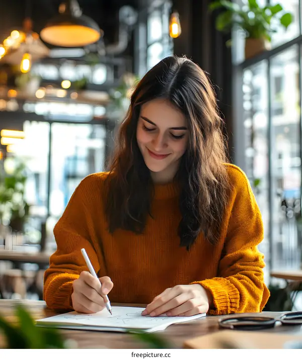 Woman in Orange Sweater Drawing in a Cafe