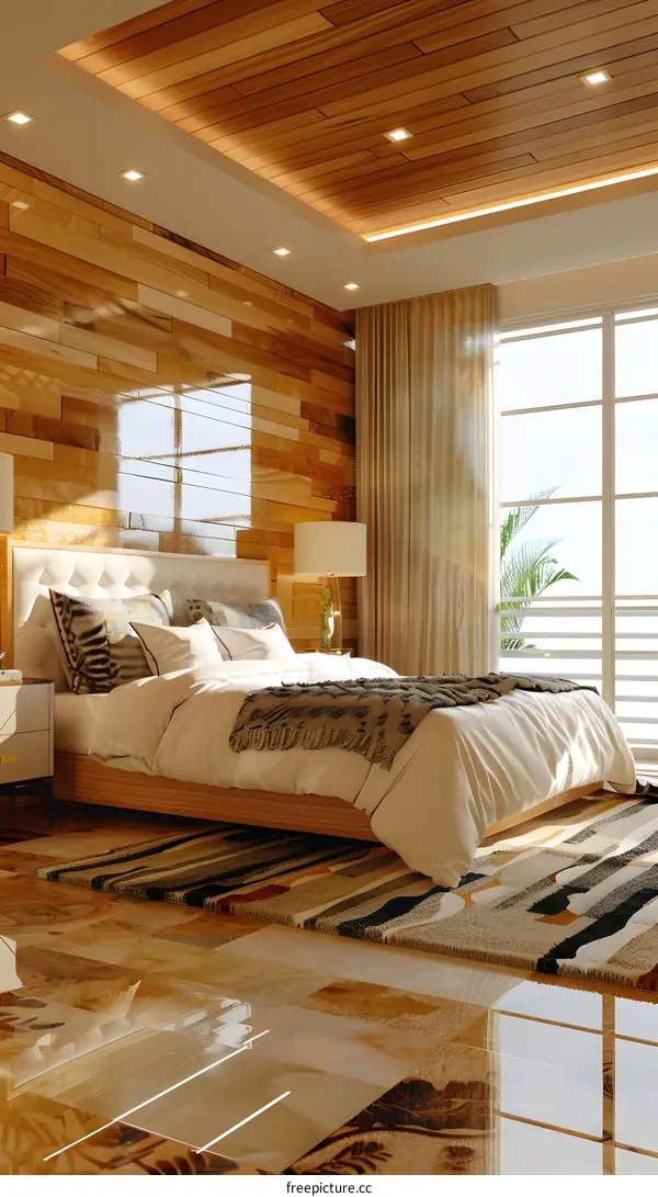 Modern Bedroom Interior Design With Wooden Walls And Floor