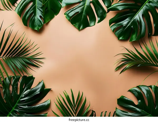 Tropical Green Leaves on Beige Background