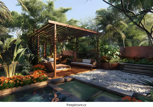 Tropical Garden Patio With Pergola And Koi Pond