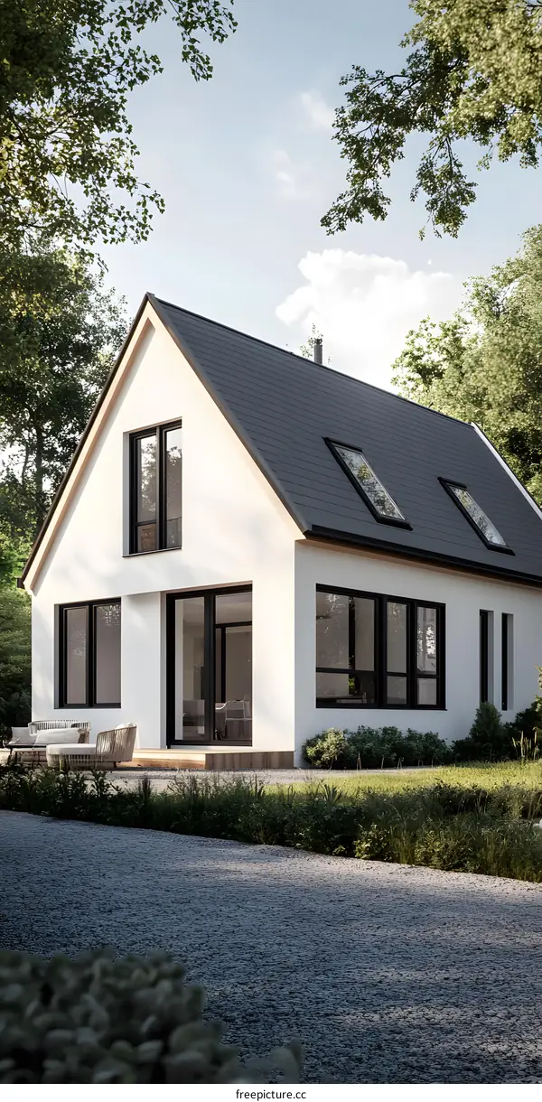 Modern White House with Black Roof and Skylights