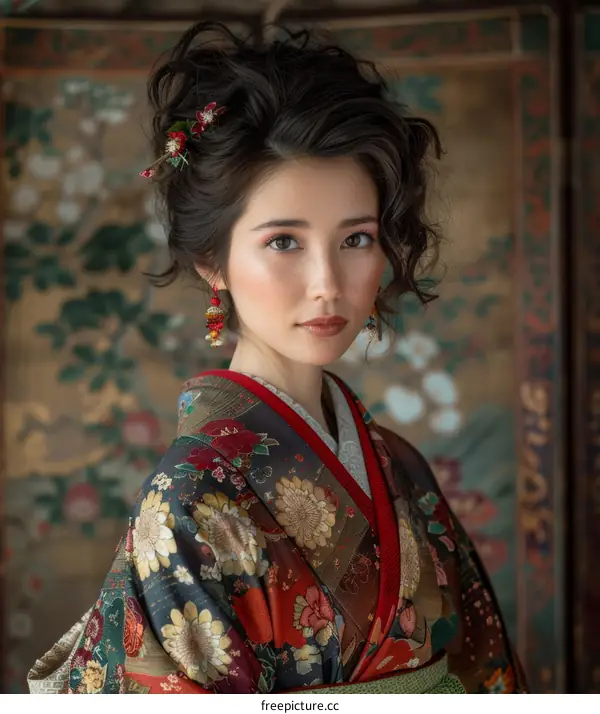 Portrait of a beautiful Japanese woman in traditional kimono