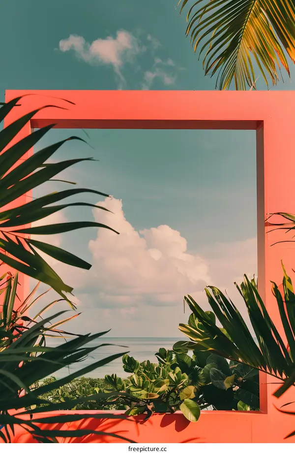 Palm Leaves Frame Ocean View With Blue Sky And Clouds