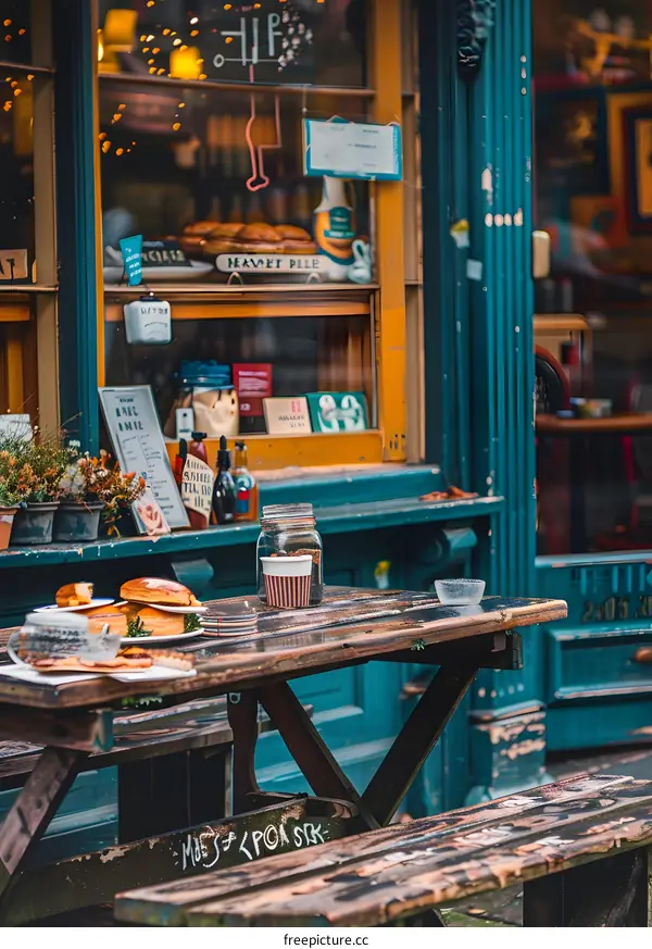 Wooden Table and Bench Outside a Cafe