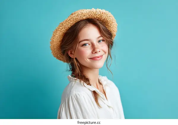 Smiling Caucasian Woman in Straw Hat Portrait