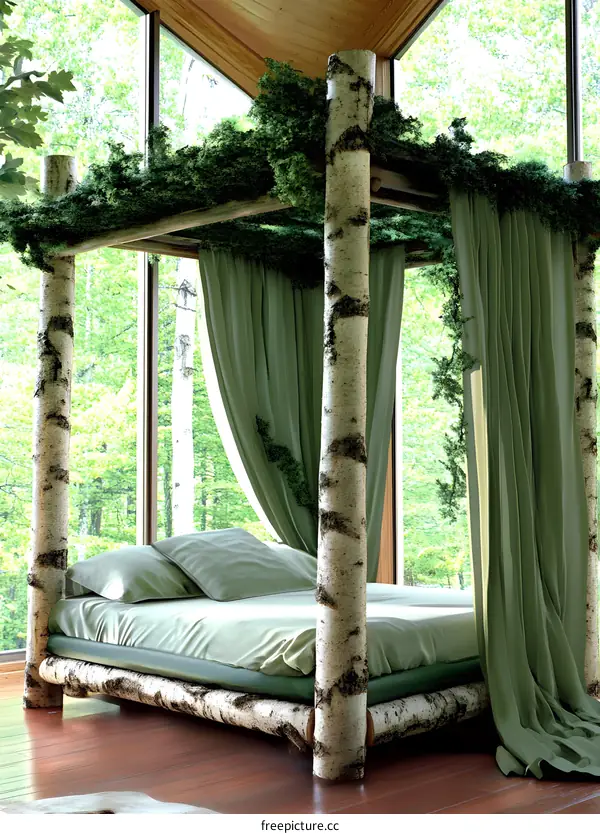 Birch Tree Canopy Bed With Green Curtains
