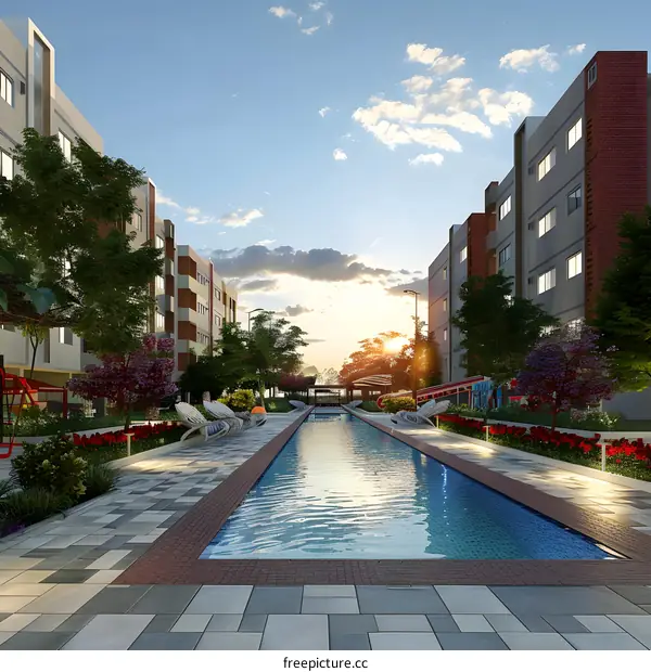 Modern Apartment Building with a Pool and Landscaping