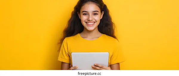 Smiling Young Woman Holding a Tablet in Front of a Yellow Background