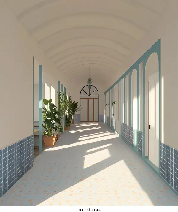 Arched Corridor with Light Streaming Through the Windows