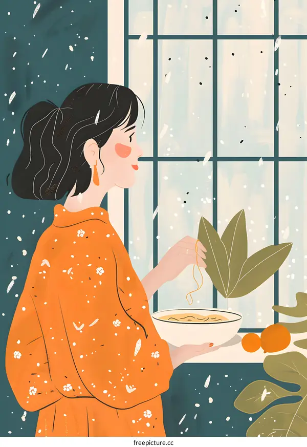 Woman Looking Out Window with a Bowl of Soup