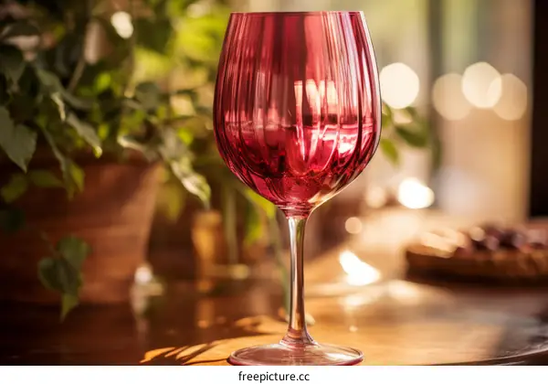 Elegant wine glass sitting on a wooden table with a blurred background