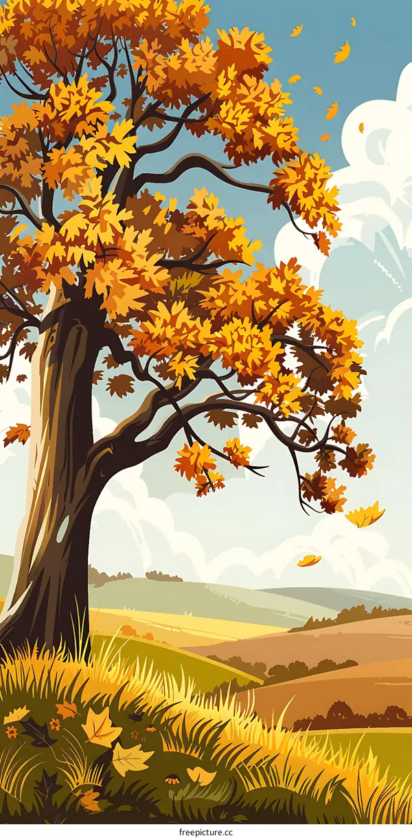Autumn Landscape with a Tree and Falling Leaves