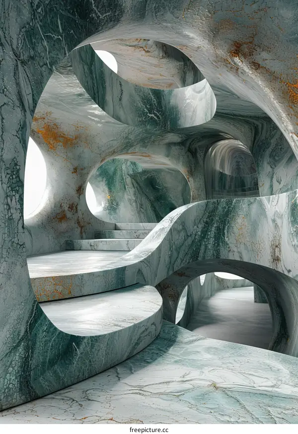 Organic Architecture Interior with Green Marble and Gold Accents