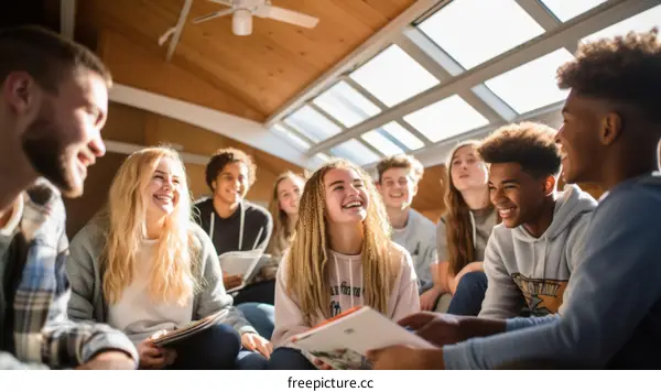Multiethnic group of teenagers hanging out in a sunlit room