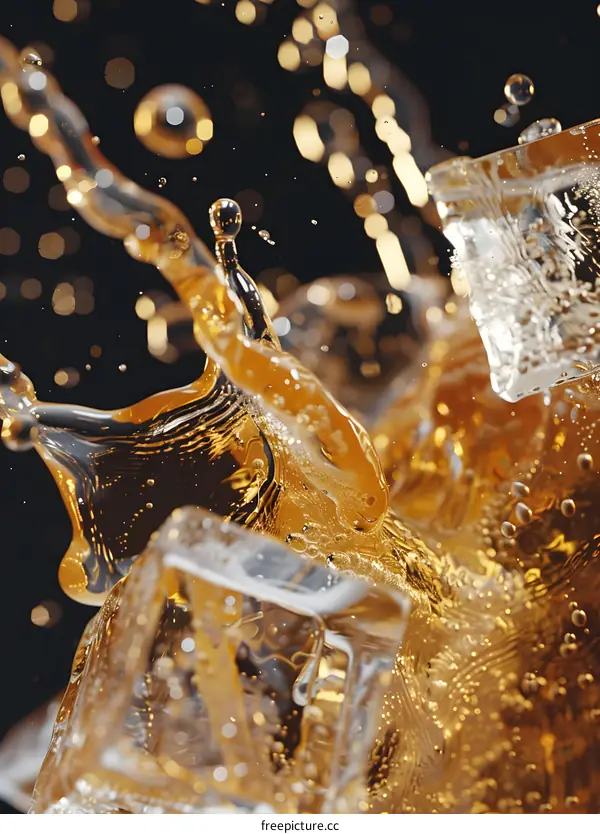 Close Up of Water Splashing and Ice Cubes