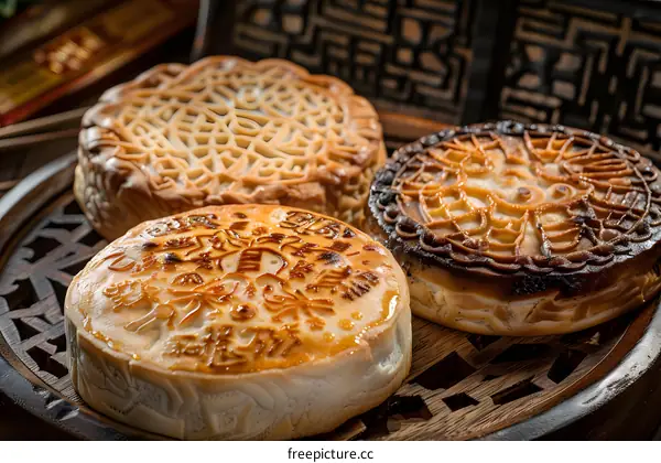 Close Up of Three Chinese Mooncakes