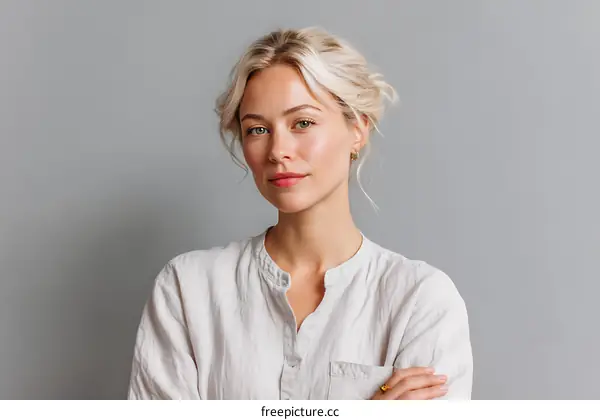 Portrait of a Caucasian Woman in a Light Beige Shirt
