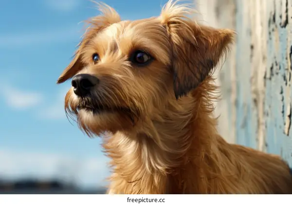 Cute Brown Dog Looking Away with Blue Background