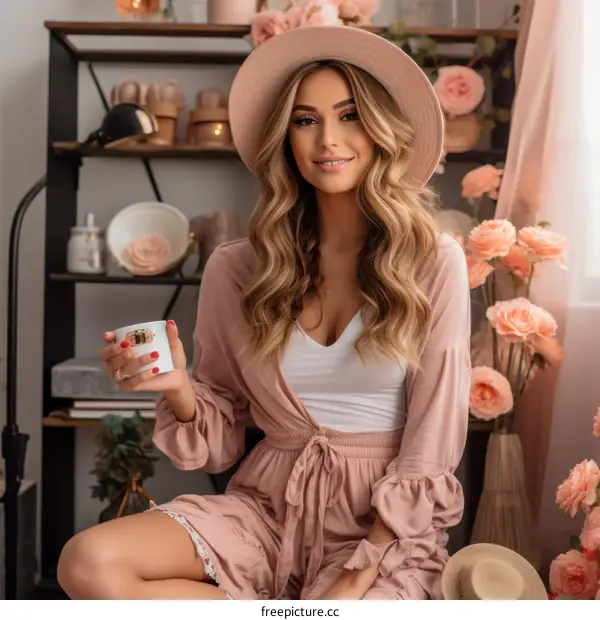 Elegant woman in a pink dress and hat drinking tea