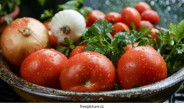 A bowl of fresh organic vegetables including tomatoes, onions, and parsley