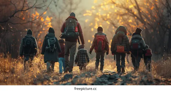 Family Walking on a Rural Road at Sunset
