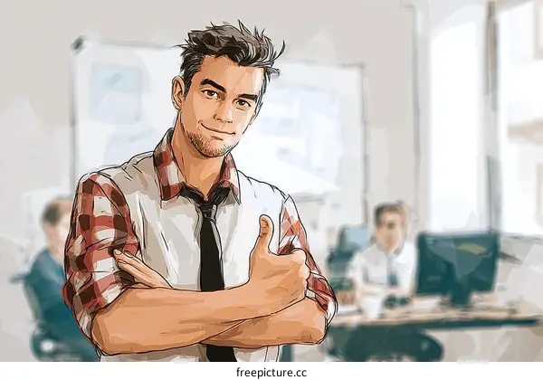 Confident Businessman in Modern Office Illustration