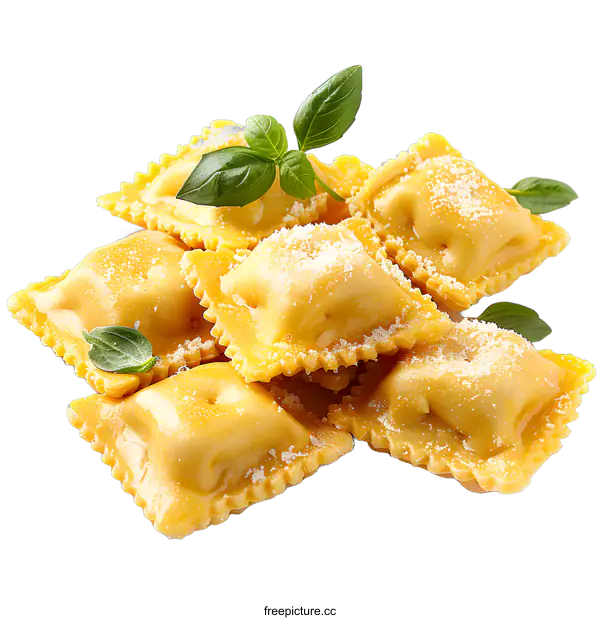 [Transparent Background PNG]Ravioli pasta with basil and parmesan cheese