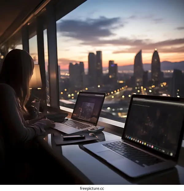 A woman is sitting at a desk in front of a large window. She is looking at her laptop.