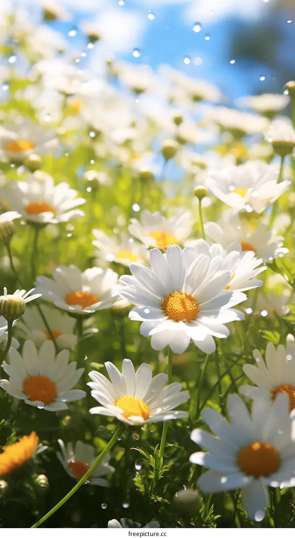 Daisies in field with raindrops