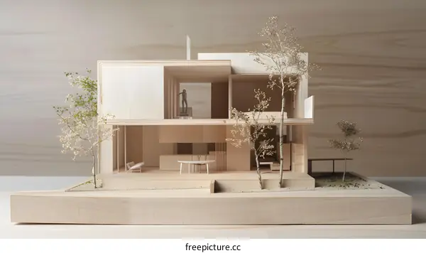 Wooden Model Home with Trees and Interior Design