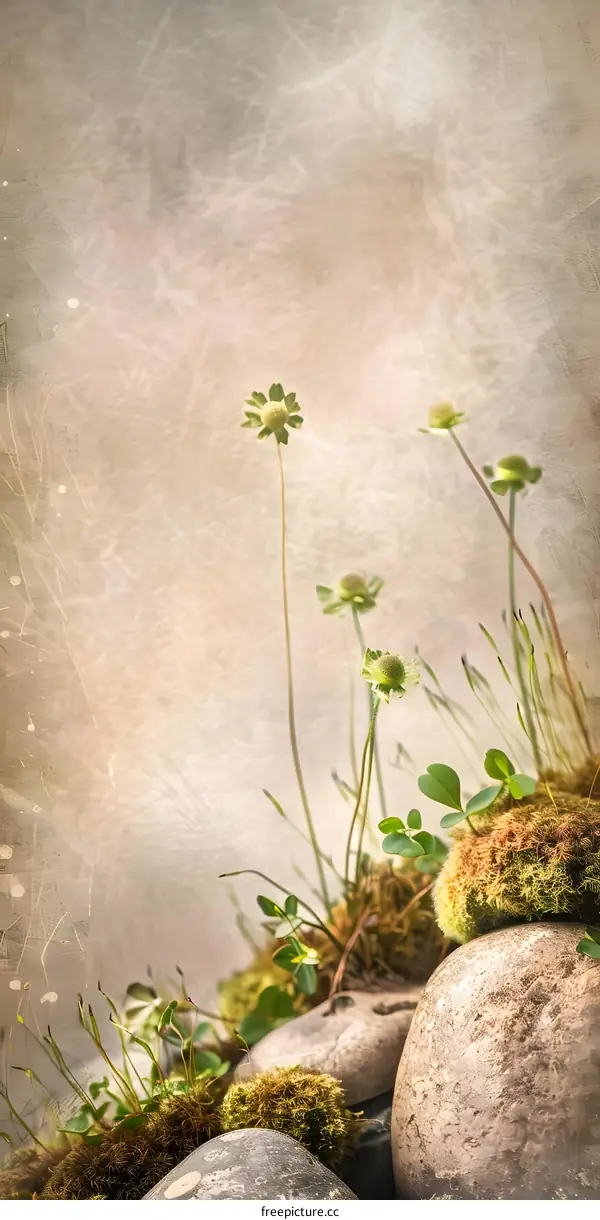Green Flowers And Rocks With A Grunge Background