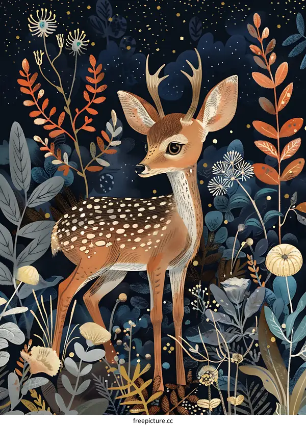 Cute Deer in a Forest Night Illustration