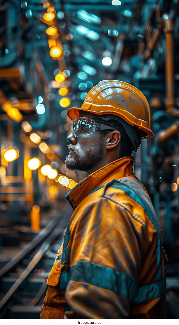 Portrait of a male worker wearing a hard hat and safety glasses looking away