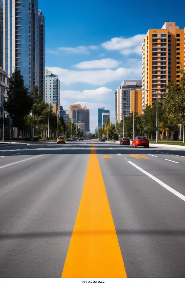 Empty Modern City Street with Tall Buildings on Both Sides