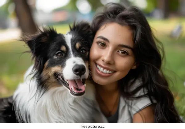 a smiling woman hugging a border collie