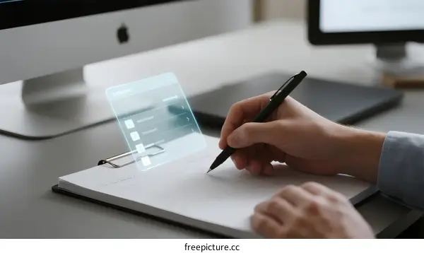 Hand writing on notebook with holographic credit card display