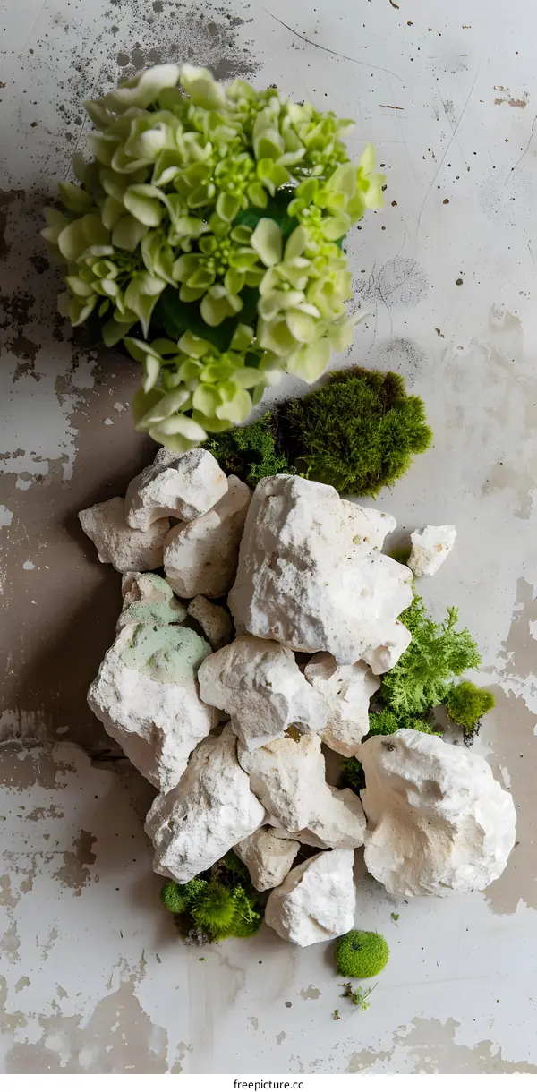 White Rocks and Green Moss on Grey Background