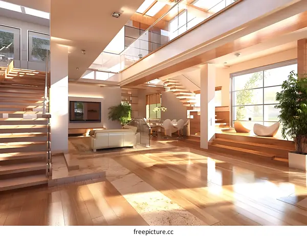 Modern Living Room Interior Design with Wooden Stairs and Large Windows