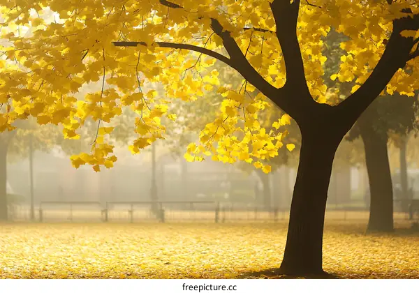 Golden Leaves and Foggy Autumn Landscape