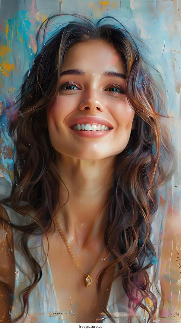 Smiling Woman with Long Brown Hair and Blue Eyes