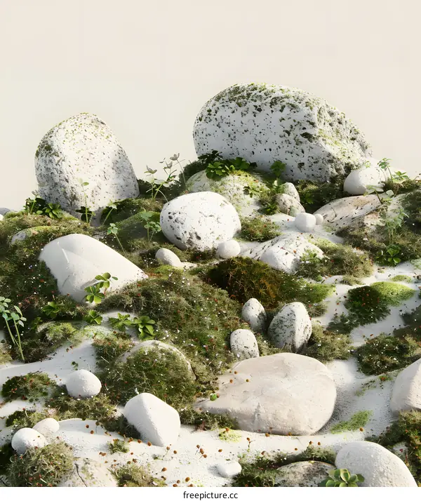 White Rocks and Green Moss in a Natural Setting