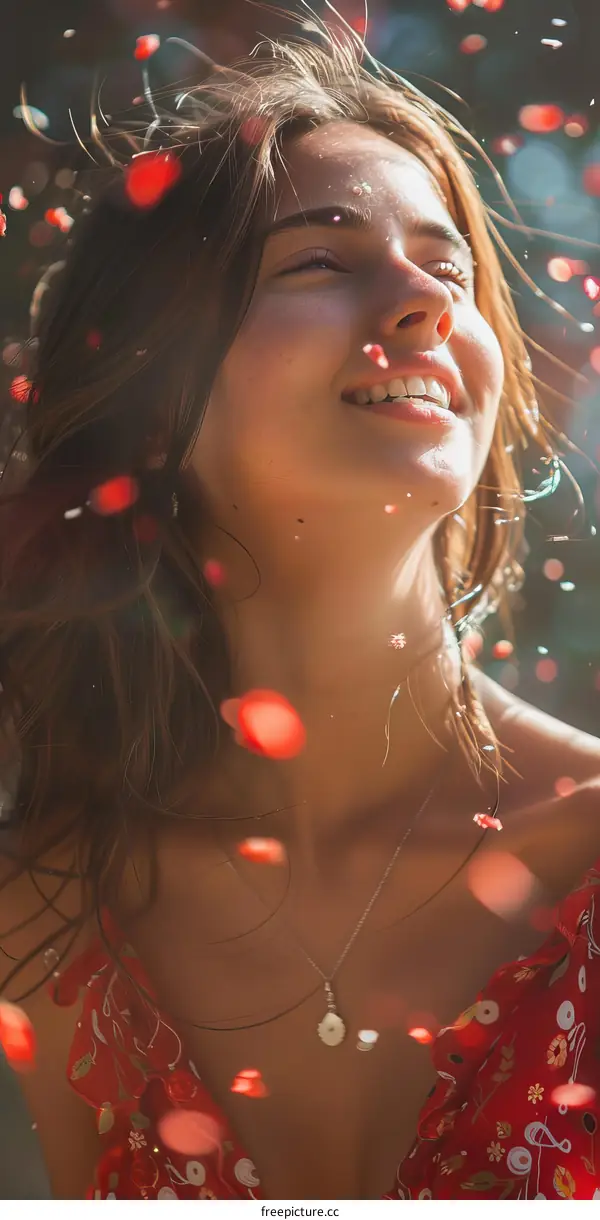 Happy Woman with Red Petals