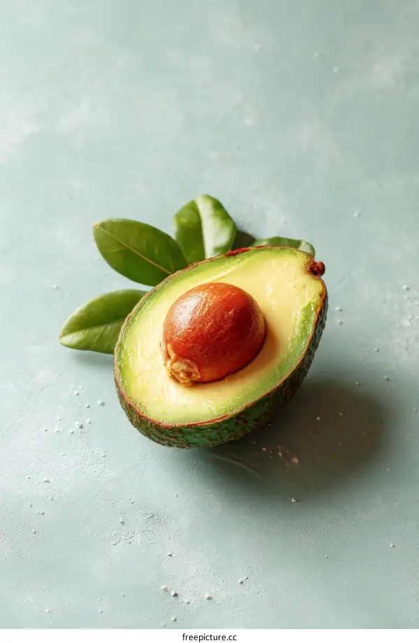 Close-up of a Fresh Avocado Half on a Light Teal Background