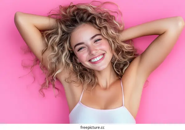 Smiling Woman with Curly Hair Against a Pink Background