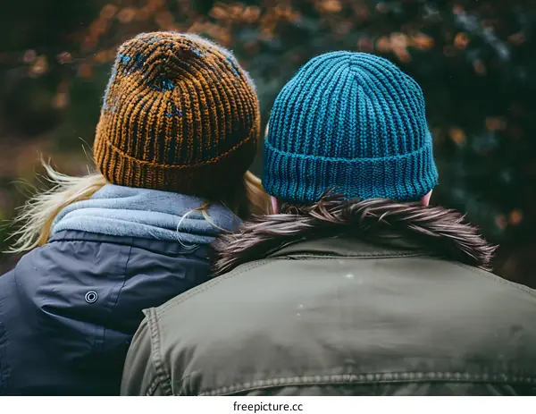 Back View of Two People Wearing Knitted Hats