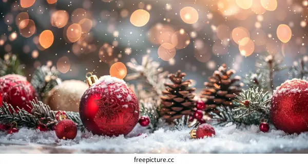 Christmas Still Life with Red and Gold Ornaments and Pine Cones