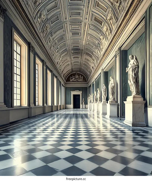 Checkerboard Floor Hallway With Statues and Ornate Ceiling