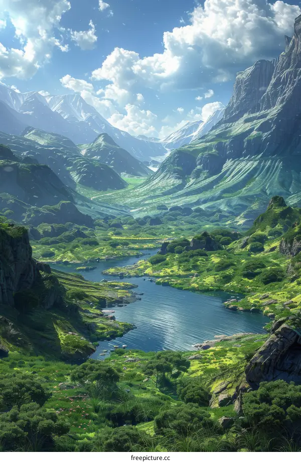 Epic Fantasy Landscape with Majestic Mountains and River